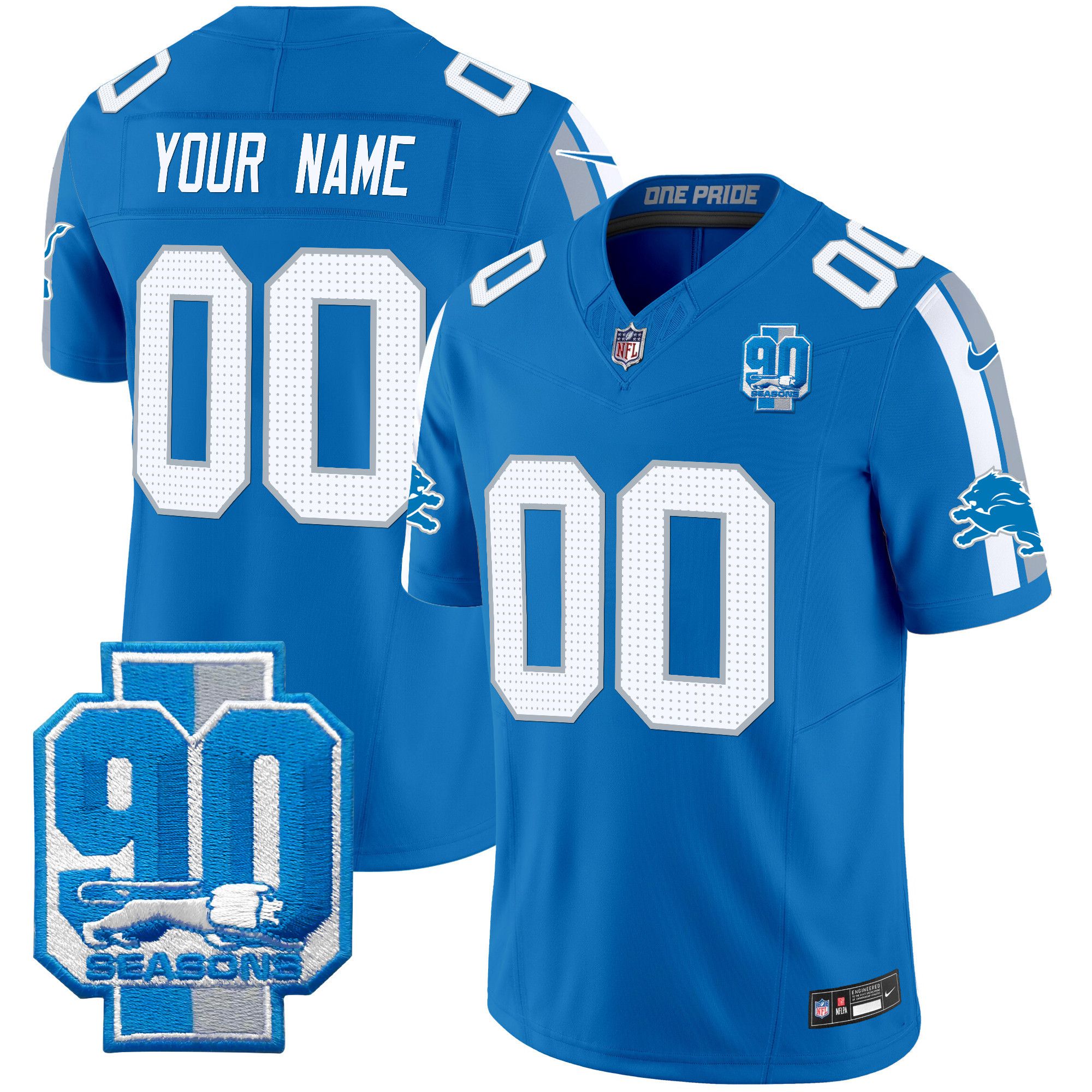 Men Detroit Lions Blue 2024 Nike 90th Year Patch Vapor Limited Custom NFL Jersey->customized nfl jersey->Custom Jersey